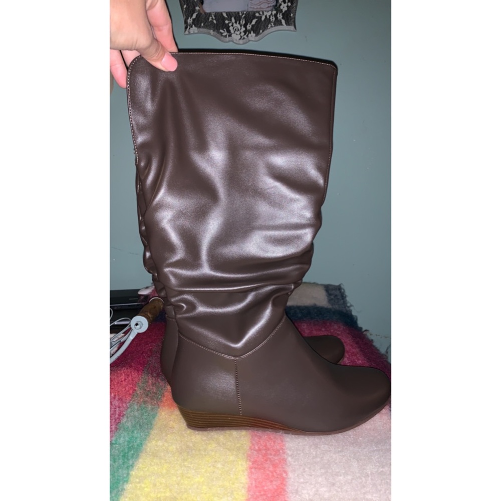 Size 10, extended calf, dark brown boots